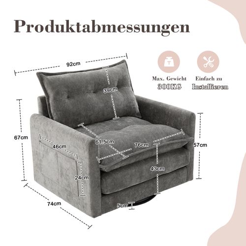 Fauteuil Pivotant 360° Avec Accoudoirs, Tissu Chenille Gris, Mousse à Mémoire