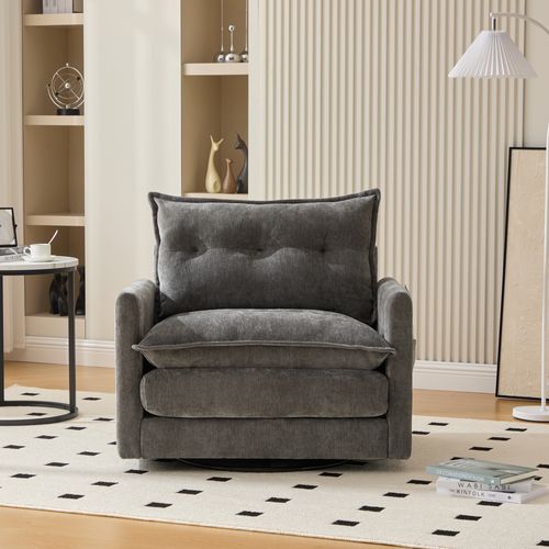 Fauteuil Pivotant 360° Avec Accoudoirs, Tissu Chenille Gris, Mousse à Mémoire