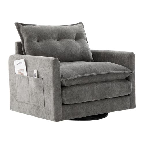 Fauteuil Pivotant 360° Avec Accoudoirs, Tissu Chenille Gris, Mousse à Mémoire