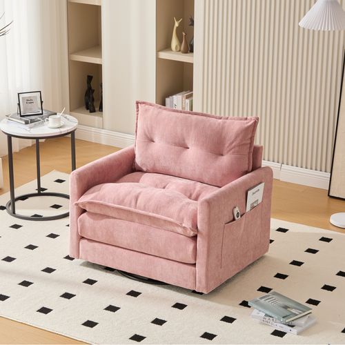 Fauteuil Lounge Pivotant 360° Avec Accoudoirs, Tissu Chenille Rose, Mousse à Mémoire