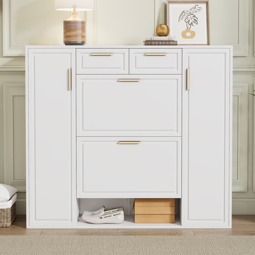 Meuble à Chaussures 120x24x107 Cm Blanc Avec 2 Tiroirs, 4 Portes Et Poignées Métal