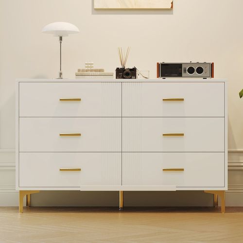 Commode 120x40x76 Cm Blanche Avec 6 Tiroirs, Panneaux Nervurés Et Pieds Dorés