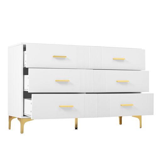 Commode 120x40x76 Cm Blanche Avec 6 Tiroirs, Panneaux Nervurés Et Pieds Dorés