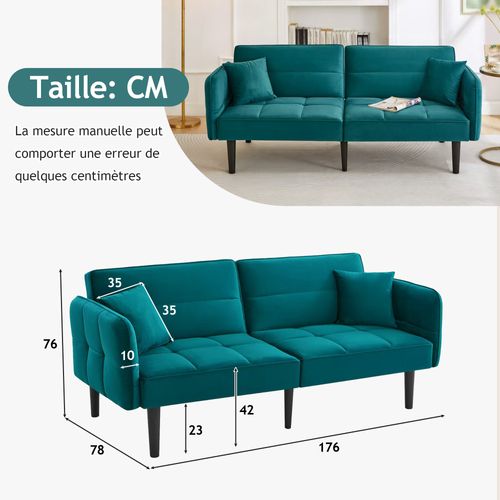 Canapé Convertible 2 Places Velours Bleu-vert Antique, Accoudoirs Rabattables, Dossiers 3 Positions