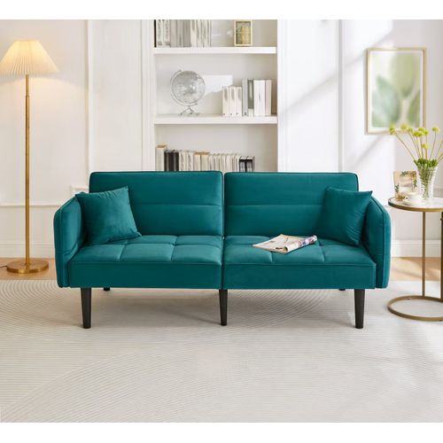 Canapé Convertible 2 Places Velours Bleu-vert Antique, Accoudoirs Rabattables, Dossiers 3 Positions