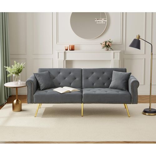 Canapé Convertible 2 Places Velours Gris, Dossier 3 Positions, Pieds Métal Doré