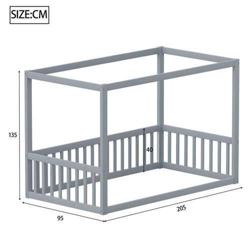 Lit Enfant 90 X 200 Cm Cabane Bois Gris, Design Au Sol, Barrières De Sécurité