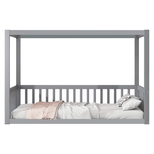 Lit Enfant 90 X 200 Cm Cabane Bois Gris, Design Au Sol, Barrières De Sécurité
