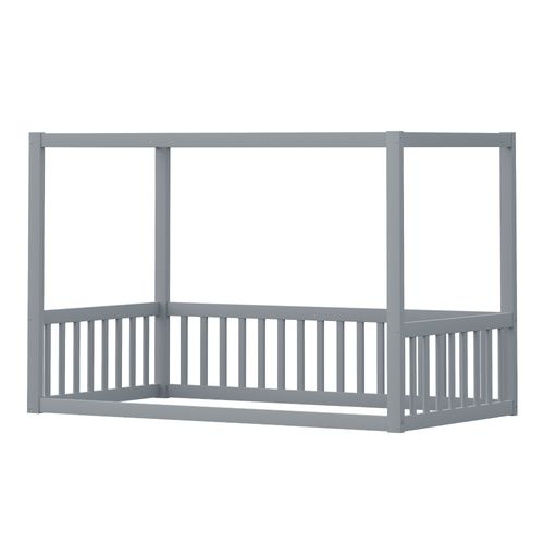 Lit Enfant 90 X 200 Cm Cabane Bois Gris, Design Au Sol, Barrières De Sécurité