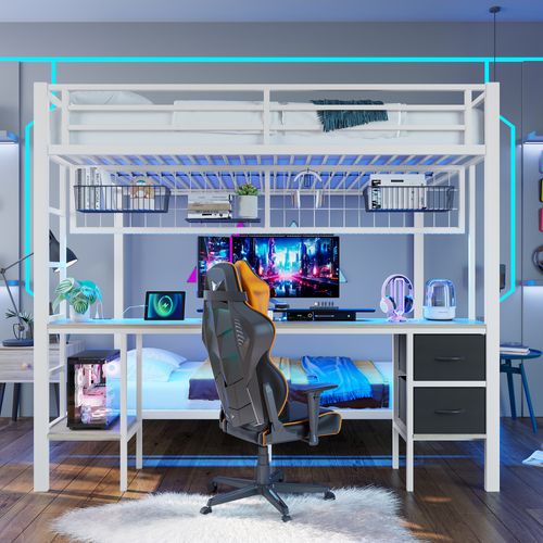 Lit Superposé 90/140x200 Cm Métal Blanc Avec LED, Bureau, 2 Tiroirs De Rangements, Ports USB