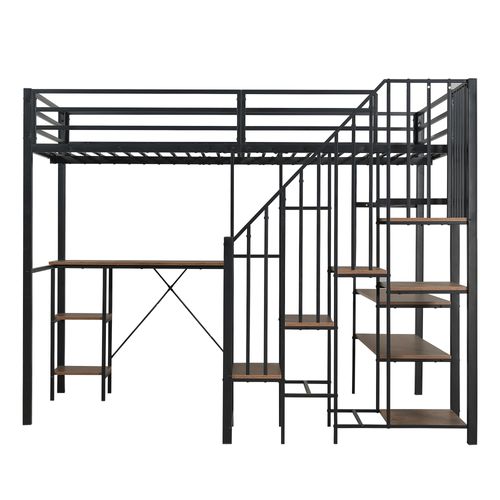 Lit Mezzanine Adulte 120x200 Cm Avec Bureau, Étagères Et Penderie Ouverte, Métal Noir