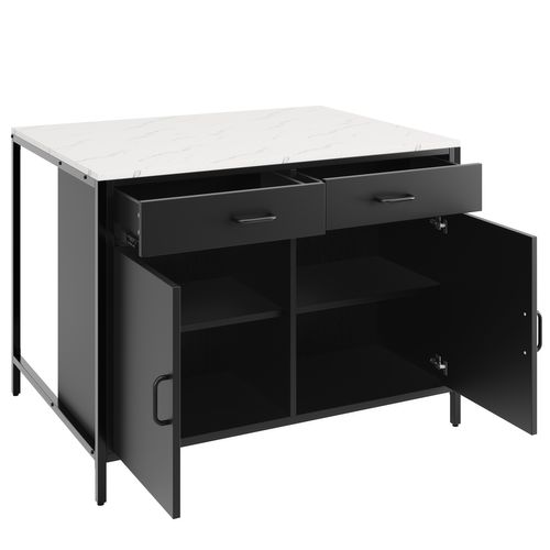 Îlot De Cuisine Noir Et Blanc, Desserte Avec Table à Manger, 2 Tiroirs Et 2 Portes