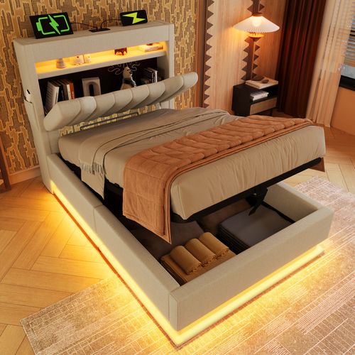 Lit Coffre 90x200 Cm Avec LED, USB + Type-c, Tête à Rangement, Lin Beige, Sommier à Lattes