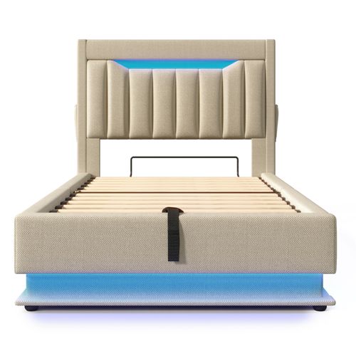 Lit Coffre 90x200 Cm Avec LED, USB + Type-c, Tête à Rangement, Lin Beige, Sommier à Lattes