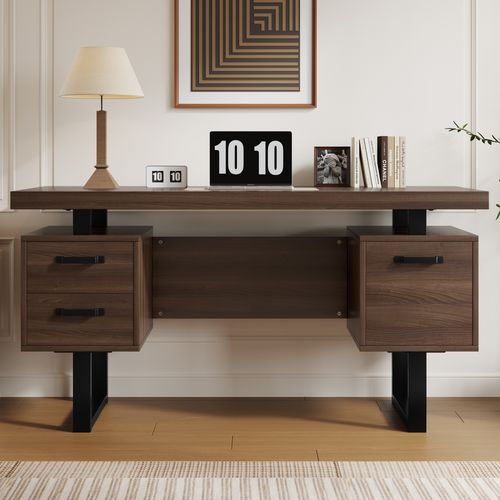 Bureau Bois Foncé 135 X 54 Cm En Mdf Et Métal, 3 Tiroirs, Rangement Pour Classeurs