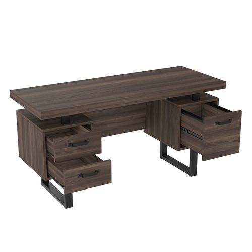 Bureau Bois Foncé 135 X 54 Cm En Mdf Et Métal, 3 Tiroirs, Rangement Pour Classeurs