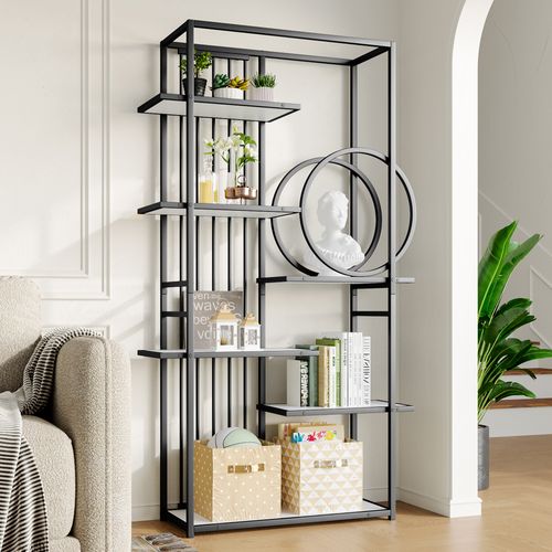 Étagère Métal Noir Haut.180 Cm, Design Géométrique Blanc, 6 Étagères, Rangement Salon Et Chambre