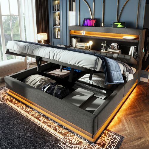 Lit Adulte 180x200 Cm Avec LED, Coffre, Tête Avec Rangement, Ports USB/type-c, Lin Gris