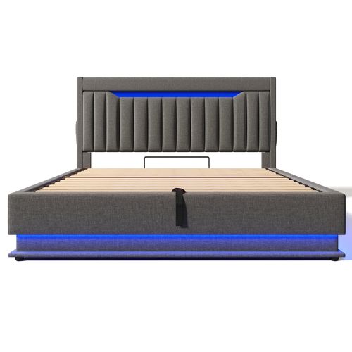 Lit Adulte 180x200 Cm Avec LED, Coffre, Tête Avec Rangement, Ports USB/type-c, Lin Gris
