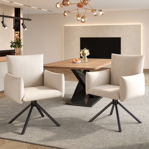 Lot De 2 Chaises Velours Beige Pivotantes, Pieds Métal, Avec Accoudoirs, Salle à Manger Et Bureau