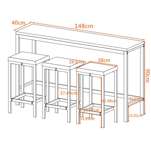 Ensemble Table Bar 148 X 40 X 90 Cm Avec 3 Tabourets, Métal Brun Gris