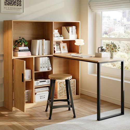 Bureau Avec Armoire De Rangements, Finition Bois Naturel Et Piétement Métal