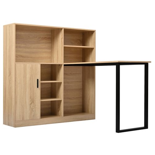 Bureau Avec Armoire De Rangements, Finition Bois Naturel Et Piétement Métal