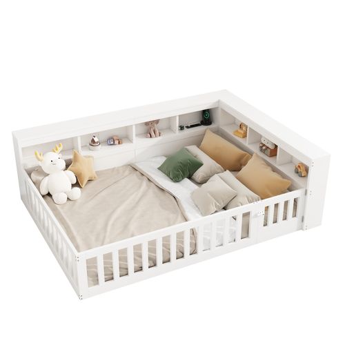 Lit Enfant 140x190 Cm Au Sol Avec Sommier à Lattes, Ports USB, Prise Et Rangements, Blanc