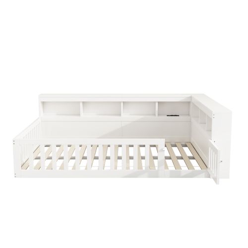 Lit Enfant 140x190 Cm Au Sol Avec Sommier à Lattes, Ports USB, Prise Et Rangements, Blanc