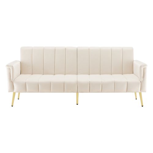 Canapé Convertible 2 Places 183x76 Cm En Velours Beige, Dossier Réglable, Pieds Métal