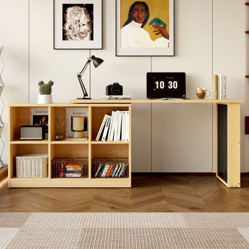 Bureau Modulable Avec Rangements — 6 Compartiments, Plateau 18 Mm, Panneau Métal, Bois Naturel