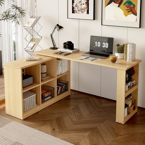 Bureau Modulable Avec Rangements — 6 Compartiments, Plateau 18 Mm, Panneau Métal, Bois Naturel