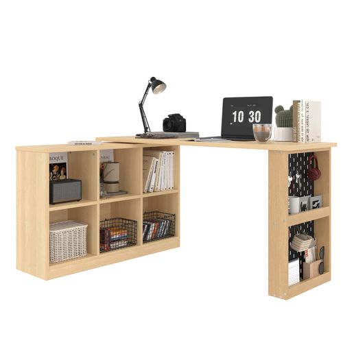 Bureau Modulable Avec Rangements — 6 Compartiments, Plateau 18 Mm, Panneau Métal, Bois Naturel