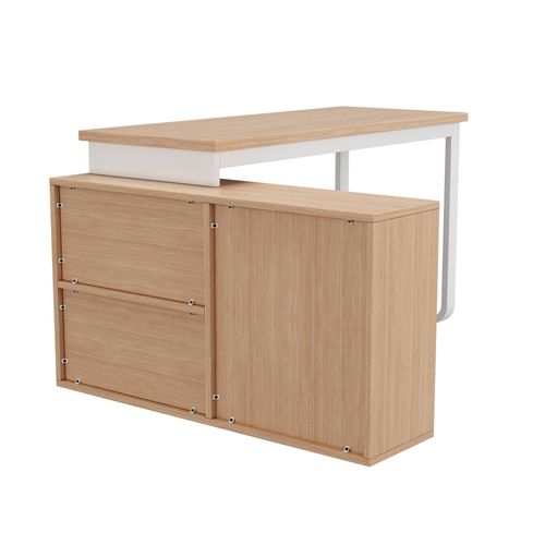 Bureau D'angle 135 X 50 Cm, Métal Et Bois Naturel, Avec 3 Tiroirs Et 2 Niches Ouvertes