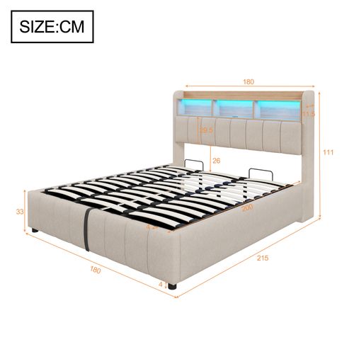 Lit Adulte Coffre 180x200 Cm Lin Beige, LED, Ports USB/type-c, Avec Rangement Hydraulique