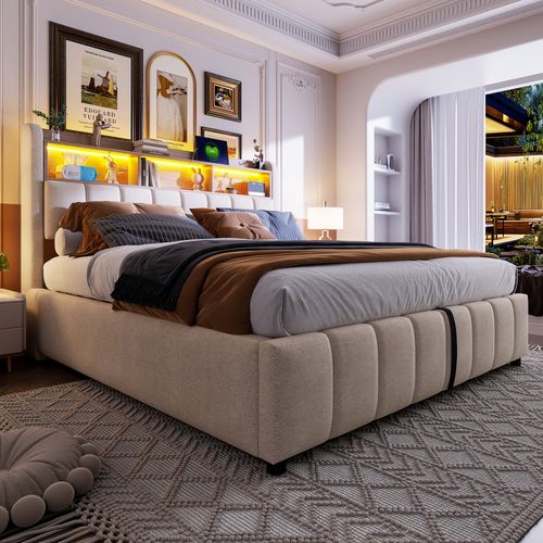 Lit Adulte Coffre 180x200 Cm Lin Beige, LED, Ports USB/type-c, Avec Rangement Hydraulique