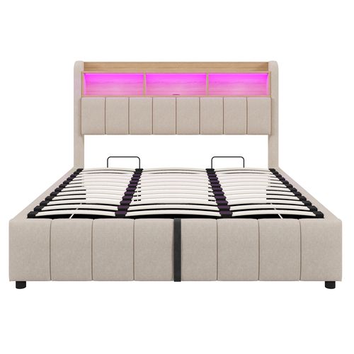 Lit Adulte Coffre 180x200 Cm Lin Beige, LED, Ports USB/type-c, Avec Rangement Hydraulique