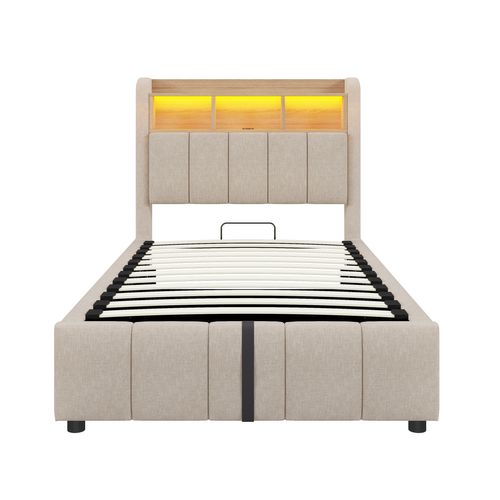 Lit Enfant LED 90x200 Cm En Lin Beige Avec Coffre De Rangement Et Ports USB/type-c