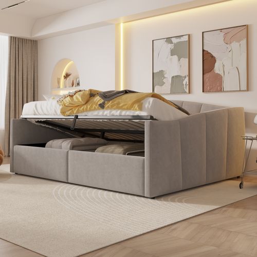 Lit Banquette 140x200 Cm En Velours Gris Clair, Coffre De Rangement Hydraulique Et Sommier à Lattes