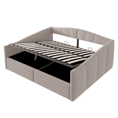 Lit Banquette 140x200 Cm En Velours Gris Clair, Coffre De Rangement Hydraulique Et Sommier à Lattes