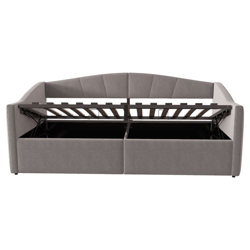 Lit Enfant 90x200 Cm Avec Coffre De Rangement Hydraulique, Tissu Velours Gris, Sommier à Lattes