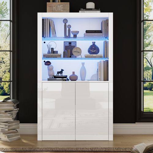 Vitrine 100x35x170 Cm Blanche Avec LED, 2 Portes Et 2 Étagères En Verre