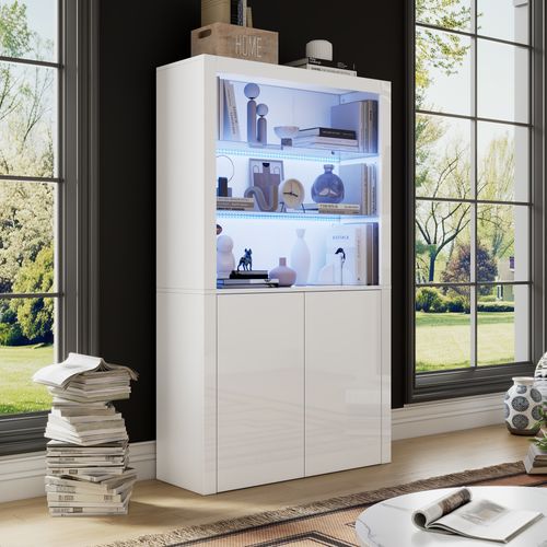 Vitrine 100x35x170 Cm Blanche Avec LED, 2 Portes Et 2 Étagères En Verre