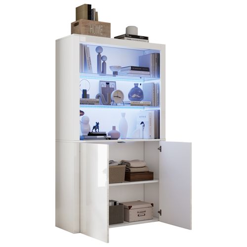 Vitrine 100x35x170 Cm Blanche Avec LED, 2 Portes Et 2 Étagères En Verre