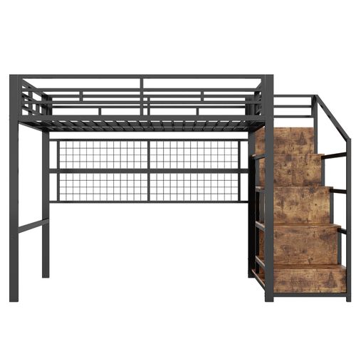 Lit Mezzanine 140x200 Cm Métal Avec Armoire, Échelle De Rangement Et LED 7 Couleurs, Noir