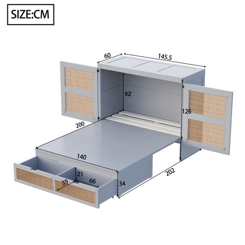 Lit Adulte Escamotable 140x200 Cm Bois Gris Avec Sommier à Lattes Et Tiroirs