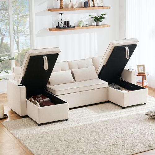 Canapé D'angle Convertible 4 Places En U 270x130 Cm, Tissu Coton-lin Beige, 2 Coffres De Rangement