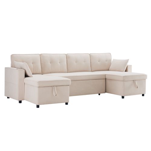 Canapé D'angle Convertible 4 Places En U 270x130 Cm, Tissu Coton-lin Beige, 2 Coffres De Rangement
