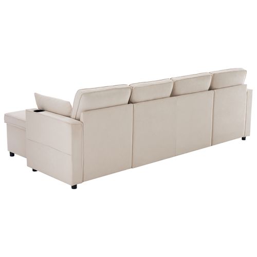 Canapé D'angle Convertible 4 Places En U 270x130 Cm, Tissu Coton-lin Beige, 2 Coffres De Rangement