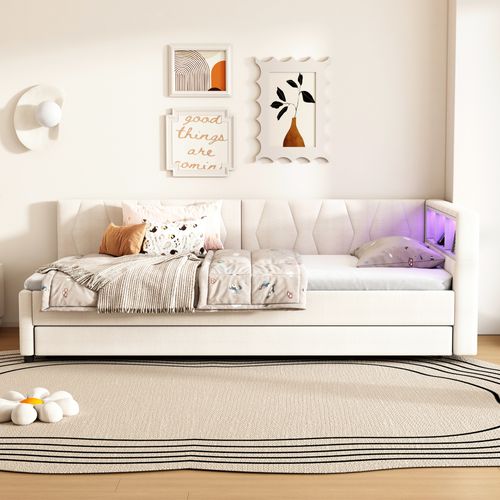 Lit Enfant LED 90x200 Avec Lit Gigogne 90x190 Cm, Ports USB/type-c Et Éclairage, Lin Beige